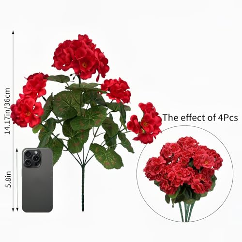 4Pcs Geraniums Artificial Flowers Realistic for Outdoors 14" Red Faux Silk Geraniums for Outdoors UV Resistant Fake Flowers for Planters Garden Home Kitchen Table Centerpieces Cemetery (Red) - color: Red