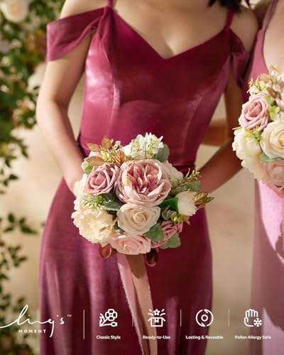 Ling's moment Dusty Rose Artificial Wedding Flower Bouquet for Bridesmaid Pink Floral Bouquet Blush Bridesmaid Bouquets with Ribbon Ceremony Anniversary,7-inch Diameter - color: Pk-dusty Rose & Cream