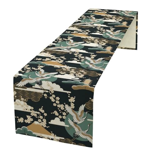 Cranes Table Runner, Japanese Cherry Blossoms Print Asia Oriental Theme Table Runner for Home Party Dining Banquet 13x36in - color: Crane-2, size: 13x36in