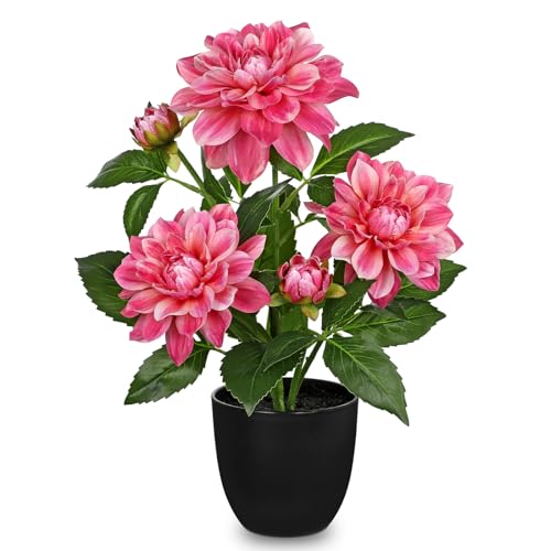 Artificial Plants & Flowers in Pot Rose Pink Dahlia Artificial Flowers Potted Plant Faux Silk Flower with Pot Fake Flower for Home Bathroom Table Centerpieces Wedding Shelf Desk Decor 16.5 Inch - color: Red-16.5