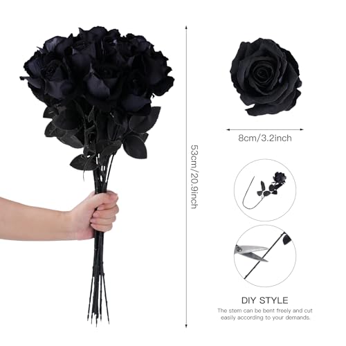 12 Pcs Black Roses Artificial Flowers with Long Stem, Faux Silk Rose Bouquet Realistic Lifelike Fake Floral Bundles for Halloween Valentine's Day Wedding Party Table Centerpiece Decor, Small - color: Black, size: Small