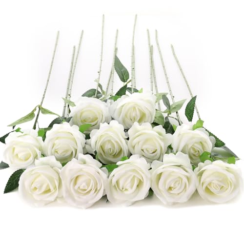 12Pcs White Roses Artificial Flowers Fake Roses Faux Velvet Silk Flower for Home Wedding Decoration (Pearl Rose, White) - color: Pearl Roses - White 12p