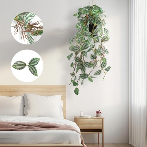 Artificial Hanging Ivy Plants Realistic 3D Watermelon Texture Fake Peperomia Leaves Faux Potting Vine Green Plants for Indoor Outdoor Home Garden Decor - color: C