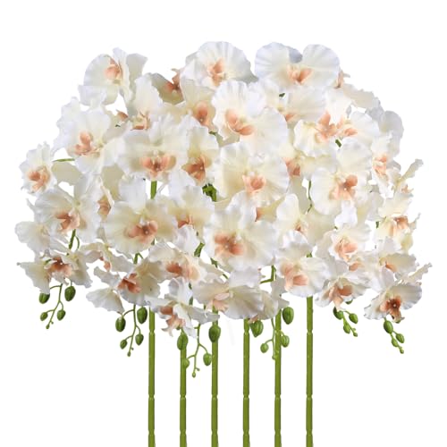 6PCS Champagne Orchids Artificial Flowers 36" Artificial Silk Phalaenopsis Flowers Faux Orchid Stems for Wedding Party Office Home Décor (Champagne) - color: Champagne