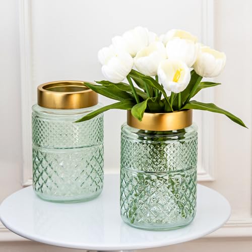 2-Pack Flower Vase Glass, 7.6 inch Green Fluted Vase with Golden Metal Top,Stylish Decorative for Tabletop Centerpiece, Kitchen,Living Room,Bedroom,Bathroom,Office - color: Green1