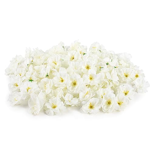 Artificial Cherry Blossom Flower Heads, Fake Silk Sakura Floral Heads for Bridal Hair Clips Headbands Dress DIY Accessories Wedding Party Supply Table Decorative (100pcs White) - color: White