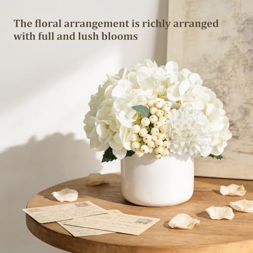 Dahey Hydrangea Artificial Flowers in Small Ceramic Vase, Fake Flower Floral Arrangements for Living Room Bathroom Dining Table Centerpice Wedding Party Spring Home Decor