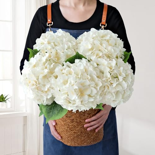 JINWOE Boho Silk Hydrangea Artificial Flowers, 5Pcs Cream 20Inch Large Lifelike Flowers,Artificial Hydrangeas for Indoor Bouquet Table Centerpieces Home Outdoor Wedding - color: Cream