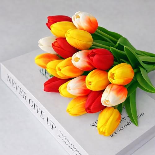 20 Pcs Tulips Artificial Flowers, 13.5'' Real Touch PU Fake Flowers Bouquet for Home Party, Spring Wedding Floral Arrangement, Valentine's, Easter and Mother's Day Decor (Red,Sunset,White) - color: Red,sunset,white