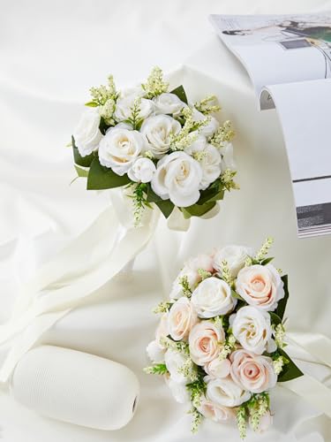 Bride/Bridesmaid Bouquets with Corsage & Boutonniere for Wedding | 8Inch Ivory White Artificial Roses Flowers Bridal Bouquet for Wedding Church Decoration, Ceremony, Anniversary, Home Decor - color: Ivory Bride Bouquets With Corsage & Boutonniere Set