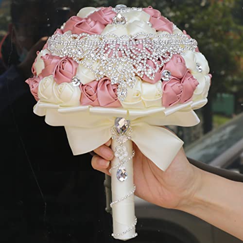 XINNI Handmade Bridal Wedding Bouquet Bride Bridesmaid Satin Rose Flower Bouquet with Drop-Shaped Rhinestone Wedding Decoration (Dusty Pink+Ivory) - color: Dusty Pink+ivory