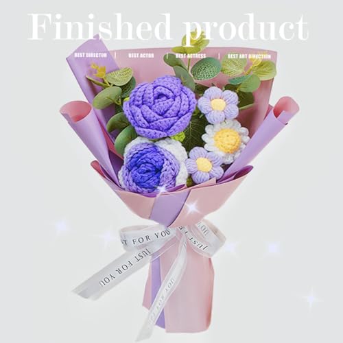 Crochet Flowers,Rose Artificial Flower Bouquet Packaging,Beautiful Crochet Flowers Suitable for Family Table Decoration, Gifts for Mother's Day,Women,Girlfriend,Mother, Birthday Wedding (Purple) - color: Purple