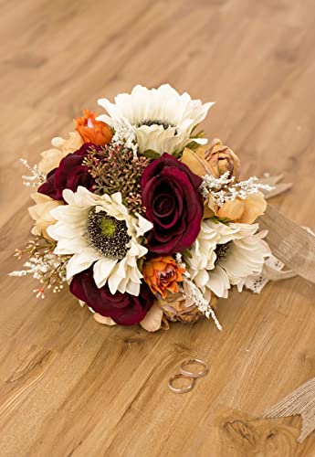 Ansofi Vintage Wedding Bouquet Bride Bridal Bouquets Burnt Orange Bridesmaid Bouquet Artificial Sunflower Rose Flowers for Ceremony Party Church