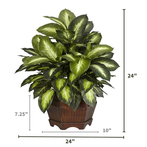 Nearly Natural 24in Artificial Dieffenbachia Silk Plant with Modern Hexagon Planter, Maintenance-Free Indoor Faux Greenery for Room Decor