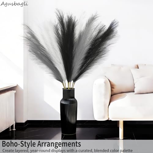 Agusbagli 8 Pcs Black Faux Pampas Grass Decor 35“ Fluffy Tall Artificial Colored Pampas Grass Large Fake Pompous Grass Stems White Flower Arrangement Floor Vase Filler for Home Wedding Boho Decor - color: Black & White & Grey