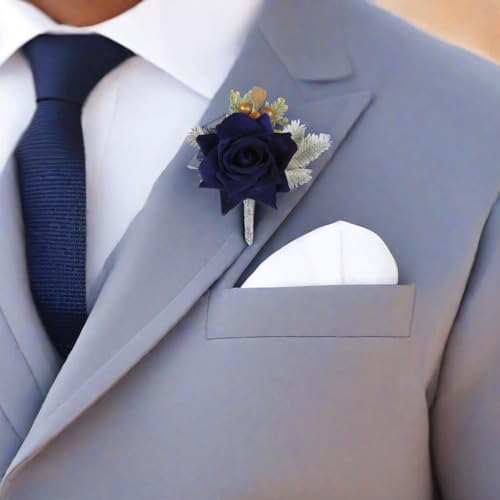 2Pcs Blue Corsage and Boutonniere Set, Artificial Rose Bridesmaid Bride Corsage and Groom Men Boutonniere Set for Prom Decor for Men Wedding Party Suit Decoration (Navy Blue) - color: Navy Blue