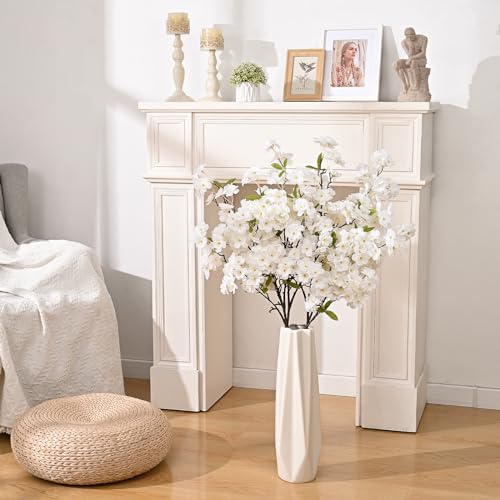 Sunm Boutique White Cherry Blossom Flowers, Artificial Cherry Blossom Decor Faux Cherry Blossom Branches Vase Arrangements for Wedding Home Party Kitchen Decor, Set of 3 - color: White With Leaves, size: Pack of 3