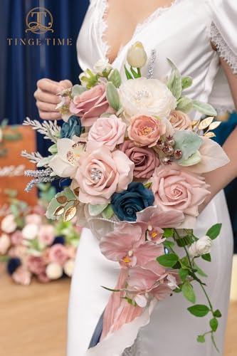 TINGE TIME 13 Inch Artificial Flower Wedding Bouquets for Bride, Cascading Bridal Bouquet for Wedding Bouquet for Wedding Ceremony and Anniversary（Dusty Rose & Navy Blue） - color: Dusty Rose & Navy Blue