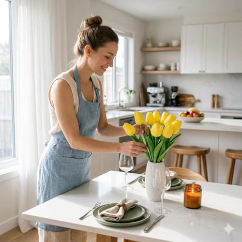 10 Stems Yellow Real-Touch Artificial Tulips with Premium Glazed Ceramic Vase – Modern Farmhouse Table Centerpiece（ Premium Vase+Yellow） - color: Premium Vase+yellow
