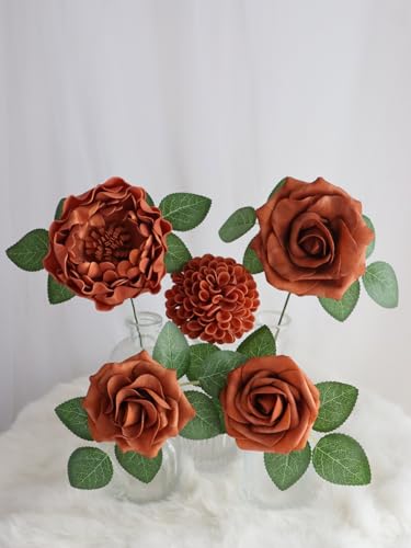 Burnt Orange Artificial Flowers Combo Mixed Flowers with Stem for DIY Wedding Bouquets Centerpieces Baby Shower Party Home Decorations - color: Classic Burnt Orange