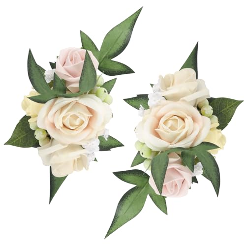 2pcs Wedding Shoulder Rose Corsage Artificial Flowers Champagne Faux Flowers for Bride Bridal Girl/Mother Homecoming/Prom Anniversary Party Corsages Wrist Decor (Champagne) - color: Ivory White