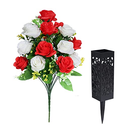 LVXINLI 2 Sets Artificial Cemetery Flowers,Memorial Flowers,Beautiful Arrangements for Headstones,Black Plastic vase with Drainage Hole Long Spikes Outdoor Memorials (Red and White)… - color: Red and White