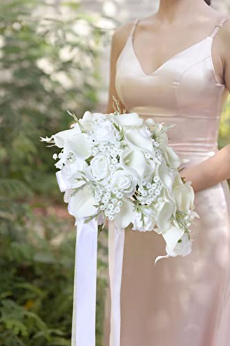 Bride Bouquets for Wedding,11 Inch White Calla Lily Cascading Bridal Bouquet Silk Flowers for Ceremony Anniversary Wedding Bridal Shower(Natural Whites) - color: Natural Whites