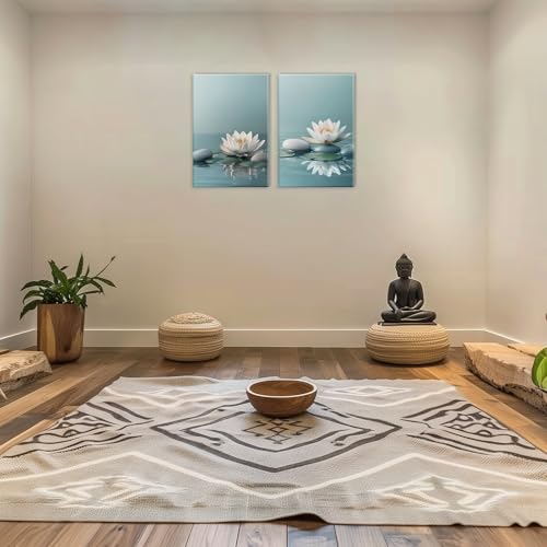 Zen Wall Art 2 Panel White Lotus Pebble In Water Picture Canvas Print Blooming Floral Poster Calming Painting Framed Artwork for Yoga Spa Room Decor(Artwork-1,16"x24"x2pcs) - color: Artwork-1, size: 16"x24"x2pcs