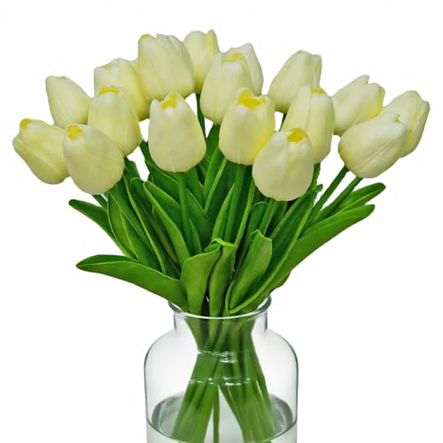 20pcs Fake Tulips Artificial Flowers Faux Flowers PU Faux tulips 13 Inch Mother's Day Easter Valentine’S Day Gifts in Home Kitchen Spring Decorations For Home (Cream) - color: Cream
