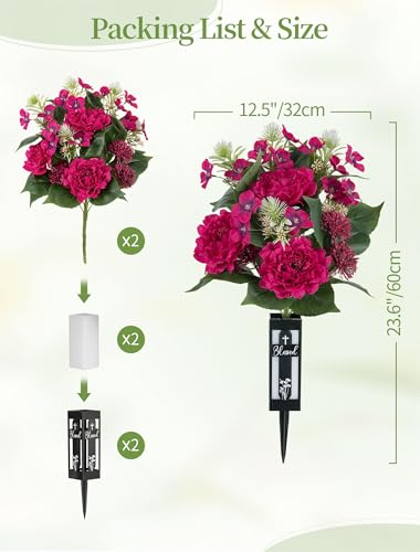 Artificial Cemetery Flowers for Grave: 2 Pcs Hot Pink Peony Grave Flower Bouquets with Vases for Cemetery Gravesites - Spring Outdoor Outdoor Grave Decorations - color: Hot Pink