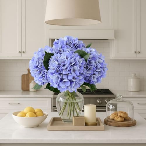 ZYTUYO 3PCS Blue Hydrangea Artificial Flowers 20" Large Fake Latex Real Touch Hydrangeas Flowers with Stems Faux Silk Bouquet for Indoor Home Decor Table Wedding Party Floral Outdoor Centerpieces - color: Blue