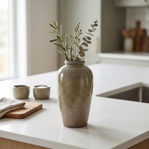 Rustic Farmhouse Ceramic Vase - 11 Inch Large Brown Pottery Vases Home Decor, Glazed Textured Decorative Vase for Pampas Grass, Console, Entryway Table Decor, Mantle, Kitchen Centerpieces - color: Deep Brown