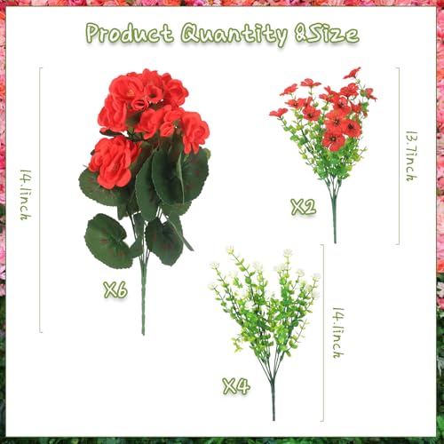 Olatay 12 Bundles Mixed Color Artificial Flowers for Outdoor, Artificial Geraniums Flowers for Outdoor, UV-Resistant Fake Geraniums for Porch, Balcony, Garden, Indoor Decoration (Red) - color: Red