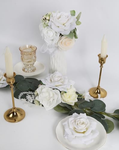 Silk Roses - 16pcs White Large Fake Roses - Wedding Bouquet, Home Decorations - color: 4.3" White