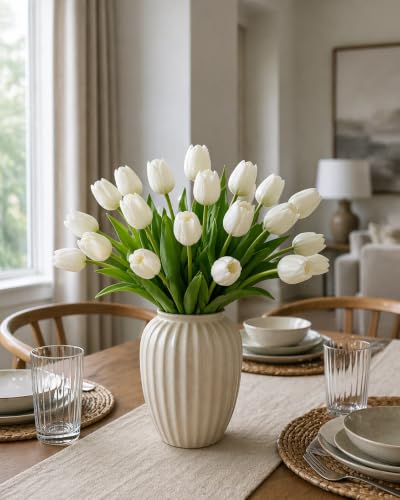 20 Artificial Tulip Flowers – Real Touch Faux Tulips Bouquet for Home Decor, Wedding Centerpieces, Bridal Arrangements, Office, and Spring Floral Decorations (20, White)