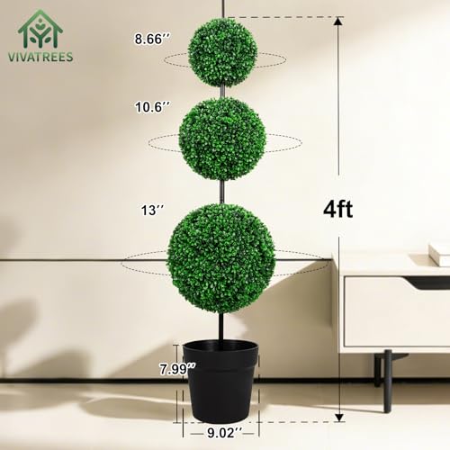 VIVATREES 4FT Artificial Triple Ball Topiary Trees with Black Planter Pot, Outdoor Indoor Realistic Faux Shrubs Plants, Fake Trees for Home Offices Porch Decor, Set of 2