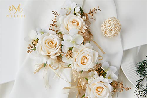 Set of 6 Champagne Faux Silk Men Boutonnieres for Groom Wedding | Artificial Rose With Ribbons for Ceremony Party, Groomsmen Boutonniere for Wedding Prom Party, Homecoming and Suit Decor - color: Light Champagne Boutonnieres 6pcs