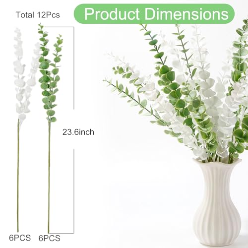 23.6'' Artificial Eucalyptus Stems Decor 12 Pcs Lifelike Eucalyptus Leaves Fake Greenery Branches for Wedding Centerpiece Flower Floral Arrangement