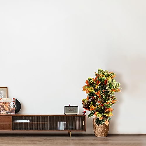 momoplant Artificial Croton Plant, 39inch Faux Fiddle Leaf fig Tree, Artificial Trees for Home Decor, Ficus Lyrata Tree with Plastic Pot, Silk Plants for Home Decor Indoor - size: 3ft 6in
