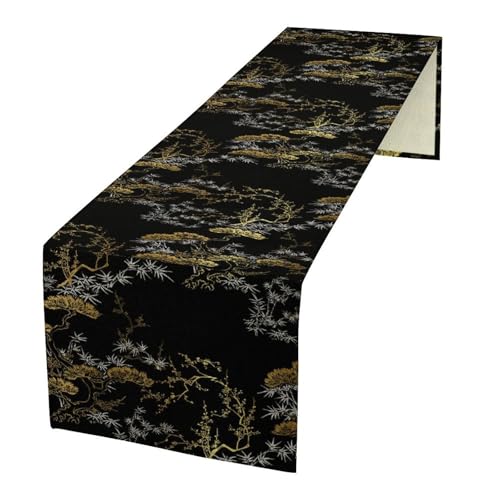 Modern Japanese Bamboo Table Runner, Black Gold Chinese Bamboo Print Table Runner for Kitchen Dining Home Party 13x36in - color: Bamboo-5, size: 13x36in