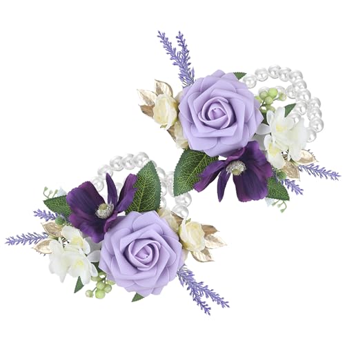Rinlong 2Pcs Purple Wrist Corsage for Wedding, Prom, Homecoming | Bridesmaid Wristlet, Mother of the Bride Flower Corsage - color: 10-purple
