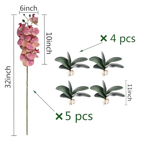 HinyoCo 5 Pcs Artificial Orchid Flowers and 4 Bundles Leaves, Artificial Phalaenopsis Flowers 32 Inch Stem Plants for Home Wedding Decoration (Pink) - color: Pink