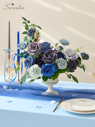 Serwalin Artificial Flowers, Blue & Grey Fake Silk Flowers for DIY Wedding Bridal Bouquets Faux Cake Flowers for Table Centerpieces Party Baby Shower Floral Decorations - color: Blue & Grey, size: Square