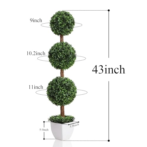 Damomo Artificial Topiaries Ball Trees Outdoor, 3.6ft Faux Boxwood Plants Topiary Triple Ball Tree(2 PCS), Fake Shrubs Trees Potted Decorative Indoor Porch or Garden（43inch） - size: 3ft 7in