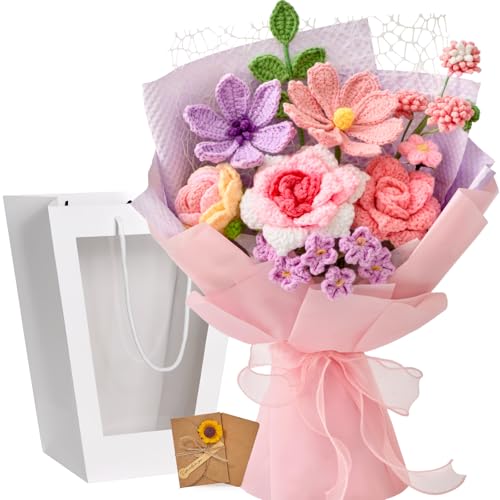 Serwalin Crochet Flower Bouquet,Pink Knitted Flowers,Roses Crochet Flowers for Mother’s Day Lover Wedding Anniversary Birthday Valentine Day Back-to-School or Graduation Ceremonies Gift (with Card) - color: Athens Pink and Purple