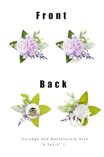 Purple Corsage and Boutonniere Set for Wedding Prom, Artificial Rose Flower Wrist Corsage Bracelets, Homecoming Corsage Wristlet, Boutonniere for Men Wedding Suit Decorations - color: Purple
