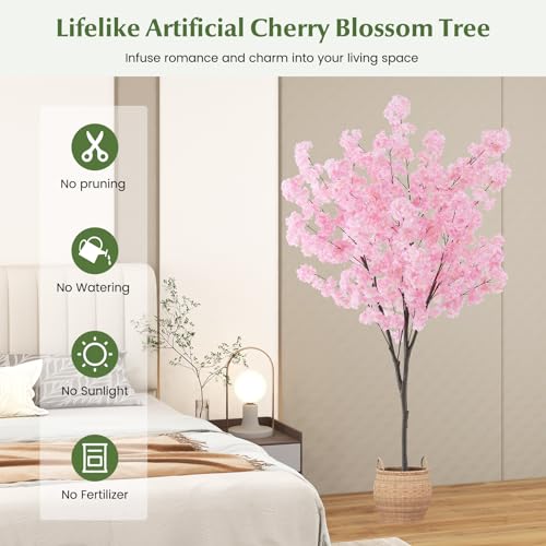 Goplus 6.5FT Artificial Cherry Blossom Tree, Pink Fake Flower Tree, Faux Floral Plant Blooming Tree in Cement Pot, Tall Potted Artificial Tree for Indoor Outdoor Office Home Porch Decor