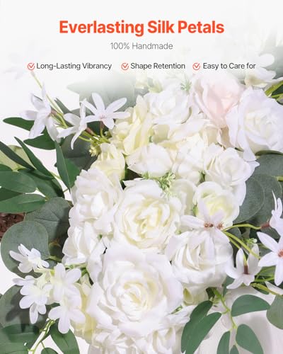 VEVOR Artificial Wedding Arch Flowers Kit, White Wedding Arch Flowers with Drapes Kit (Pack of 3) - 2 Pcs Floral Arrangement, 1 Pcs Sheer Drapes, for Ceremony Bouquets Reception Backdrop Decoration - color: White, size: 3 Pcs