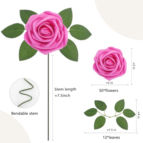 50PCS Hot Pink Realistic Roses - Artificial Latex Foam Flowers with Bendable Stems & 12PCS Leaves for Wedding, Home and Party DIY Decor - color: Hot Pink, size: 50