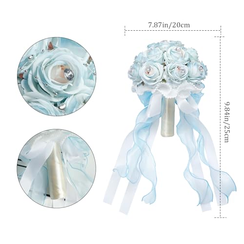 Faylapa Wedding Bouquets for Bride Bridesmaid Hand Bouquet Diamond Artificial Flowers for Wedding Marriage Proposal Party Valentine's Day Church Home Decoration (Light Blue) - color: Light Blue, size: 7.87 inch diamond bouquet